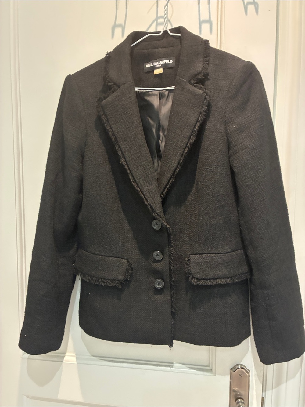 KARL LAGERFELD PARIS Black Tweed Raw Fringe Trim Blazer Size 10 ⭐️